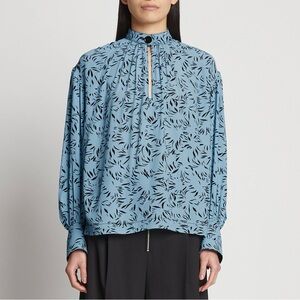 Proenza Schouler Crepe De Chine Blue & Black Patterned Collared Blouse Size 4